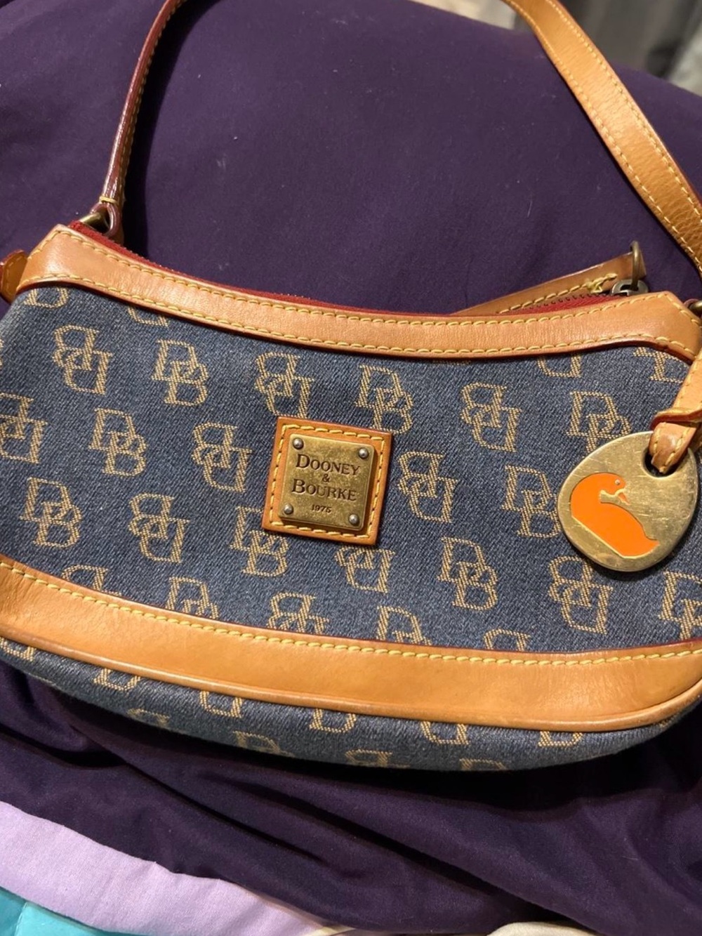 Dooney & Bourke Navy Logo Canvas Shoulder Bag with Tan Leather Trim